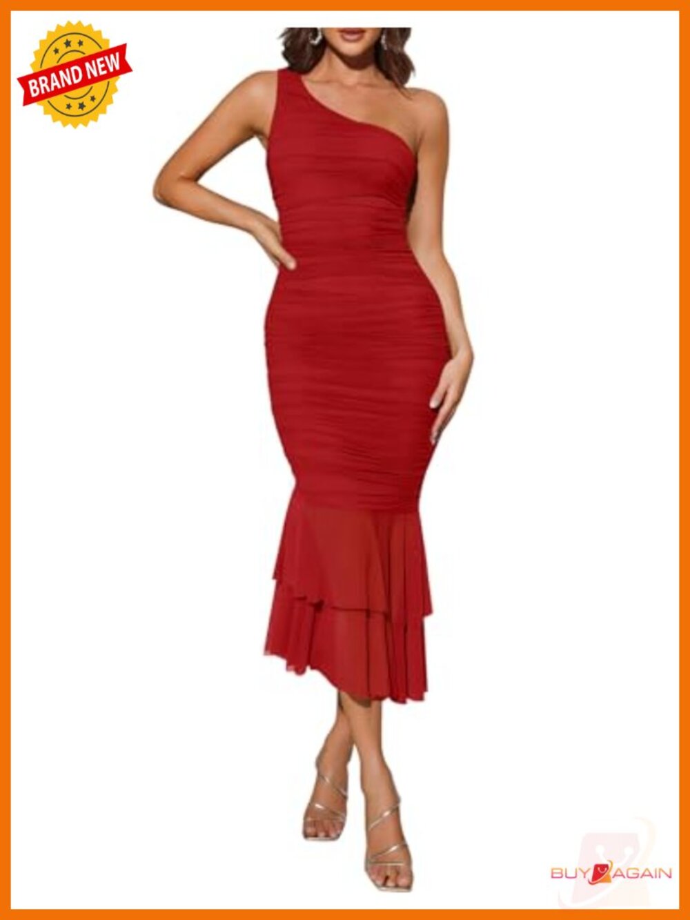 One Shoulder Bodycon Midi Dress Mesh Ruched Club Night Party